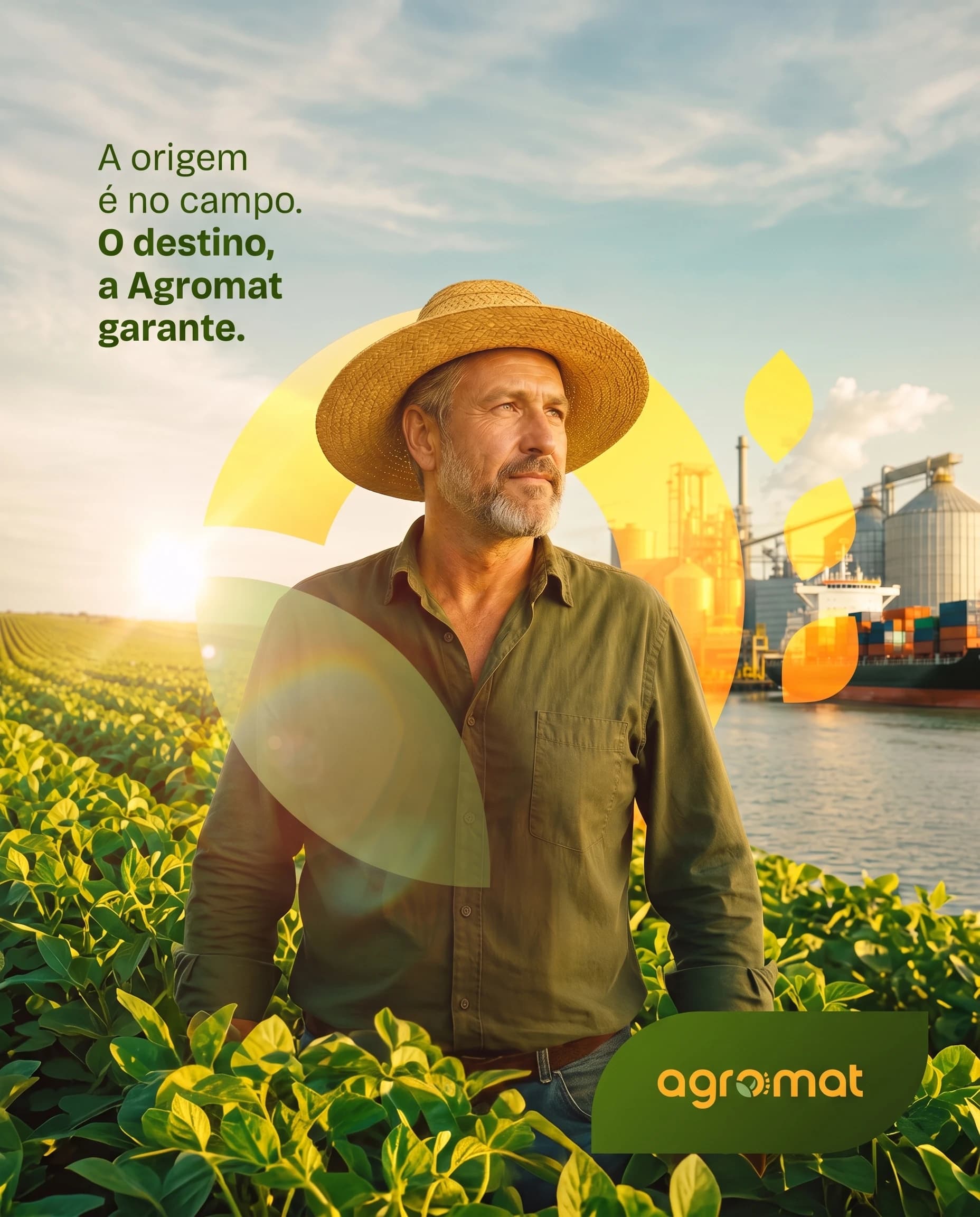 Produtor rural em campo de soja ao amanhecer, com a operação industrial da Agromat ao fundo